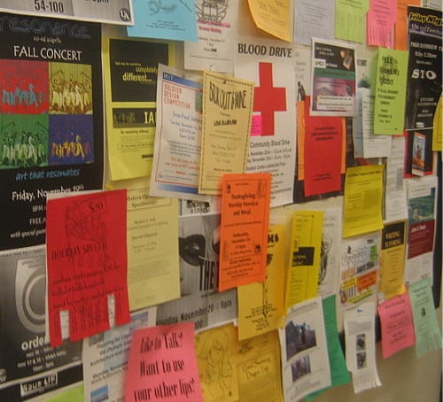 DIY ads from a public bulletin board exemplify a lack of design principles.