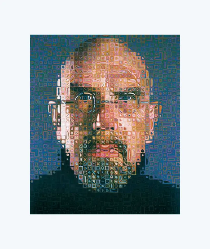 This self-portrait by Chuck Close exemplifies the use of the graphic design principle of repetition. 