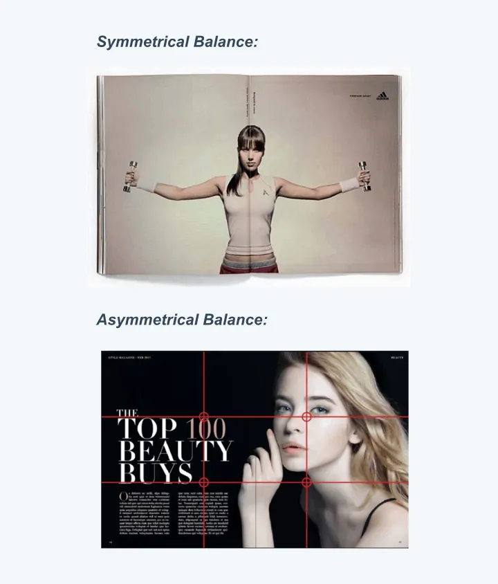Symmetrical and asymmetrical balance in magazine layouts.